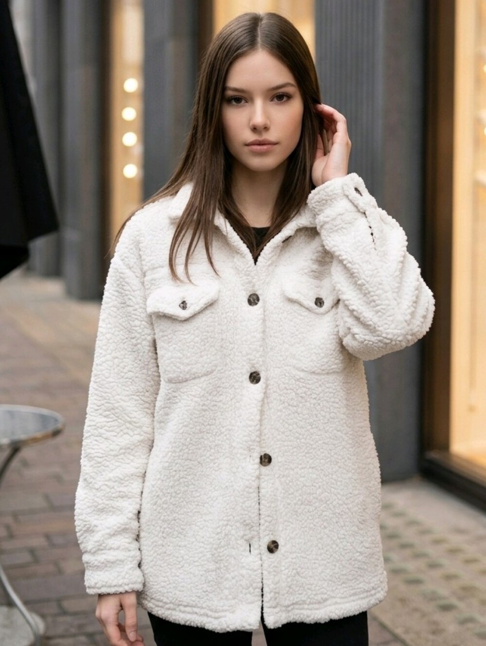 32 Degrees Heat XS/S Cream Sherpa Shacket Teddy Fleece Oversized Shirt Jacket